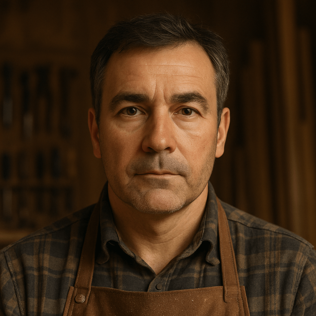 Porträt eines Handwerkers mit Schürze und kariertem Hemd in Werkstattumgebung