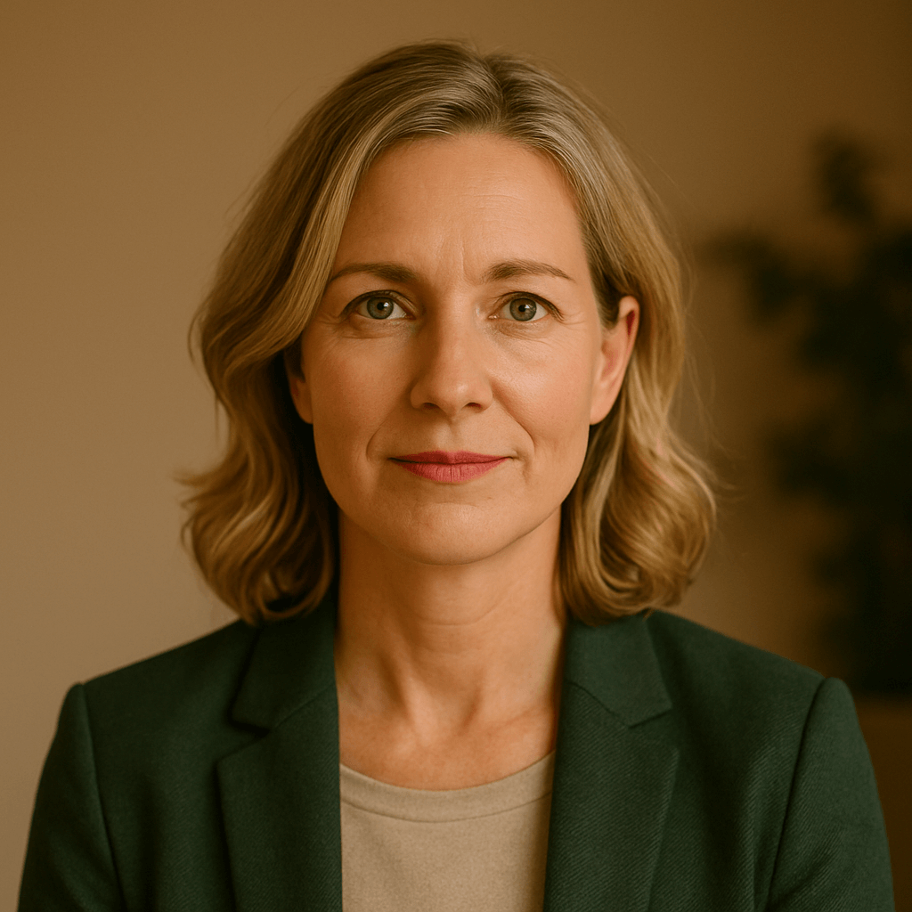 Porträt einer Frau mit blondem Haar und grünem Blazer vor neutralem Hintergrund