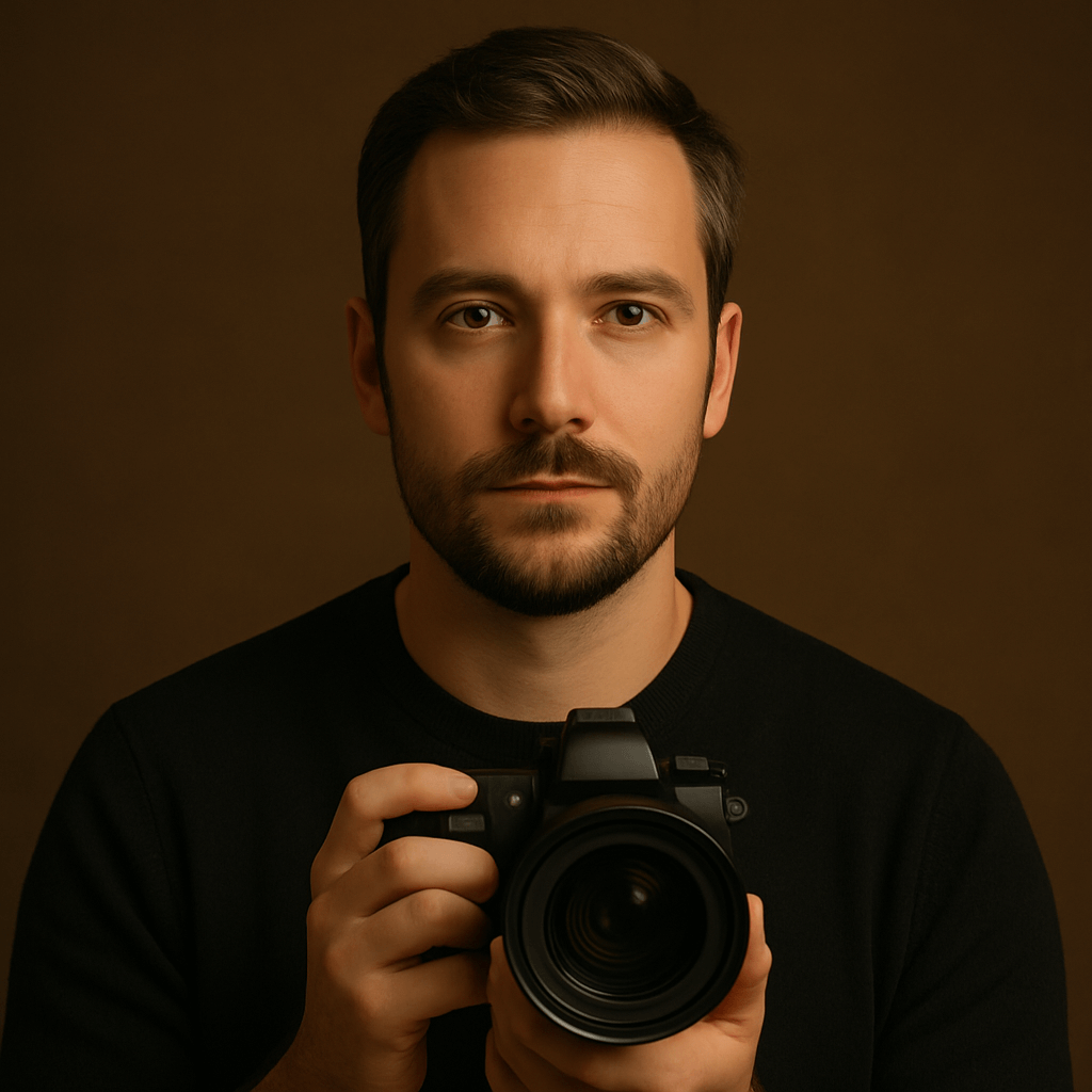 Porträt eines Fotografen mit Kamera vor braunem Hintergrund