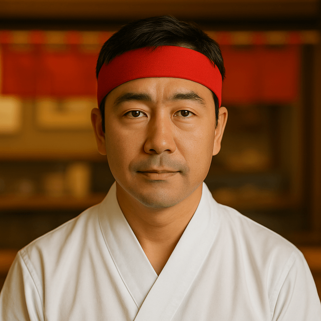 Porträt eines Kochs mit rotem Stirnband und weißer Kochkleidung