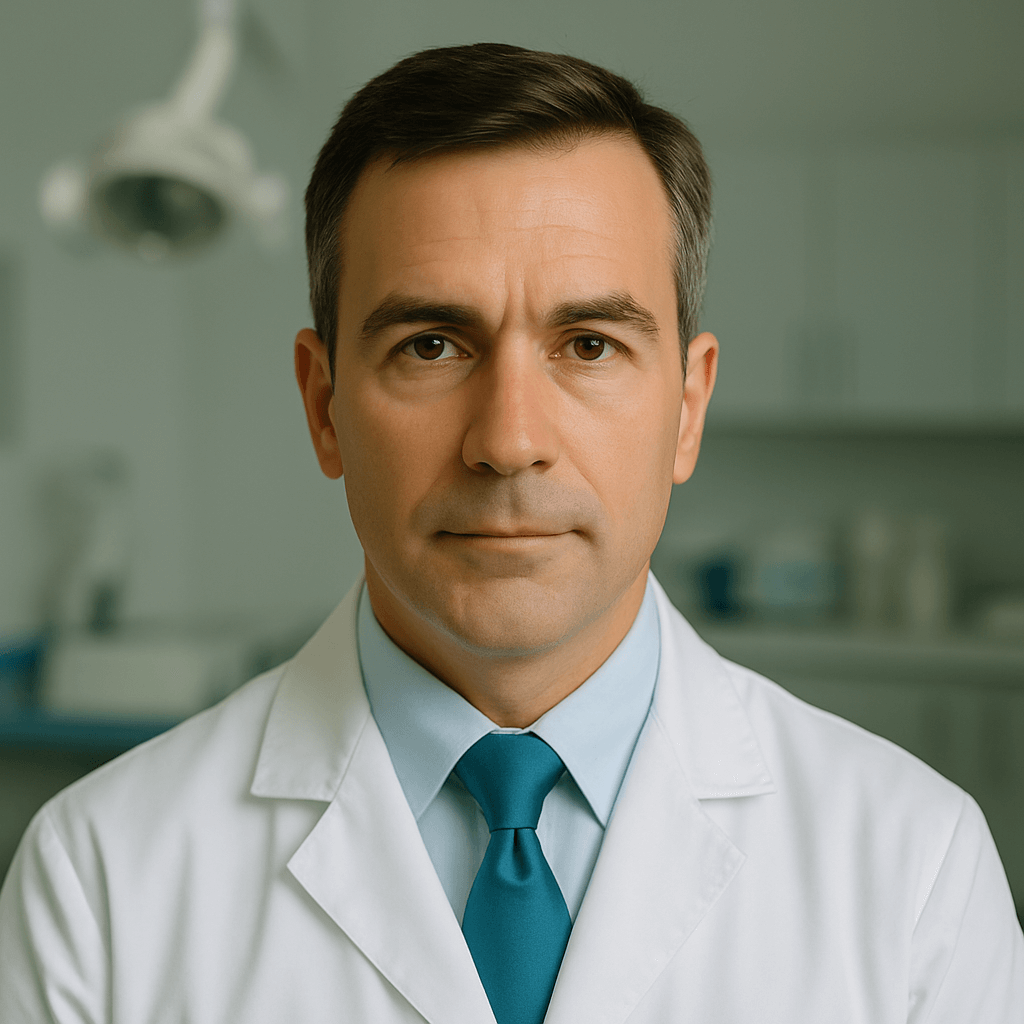 Porträt eines Arztes im weißen Kittel mit blauer Krawatte in Praxisumgebung