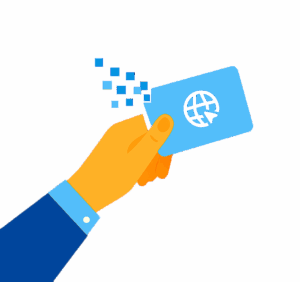 Eine gelbe illustrierte Hand welche eine WebVisitenkarte mit Pixeleffekt in der Hand hält. Zudem ist ein blaues Hamed und der Teil vom Arm zu sehen.