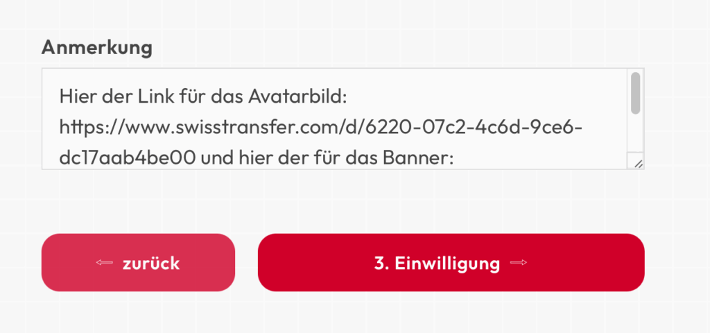 Textfeld für Anmerkungen mit SwissTransfer-Link und roten Navigationstasten