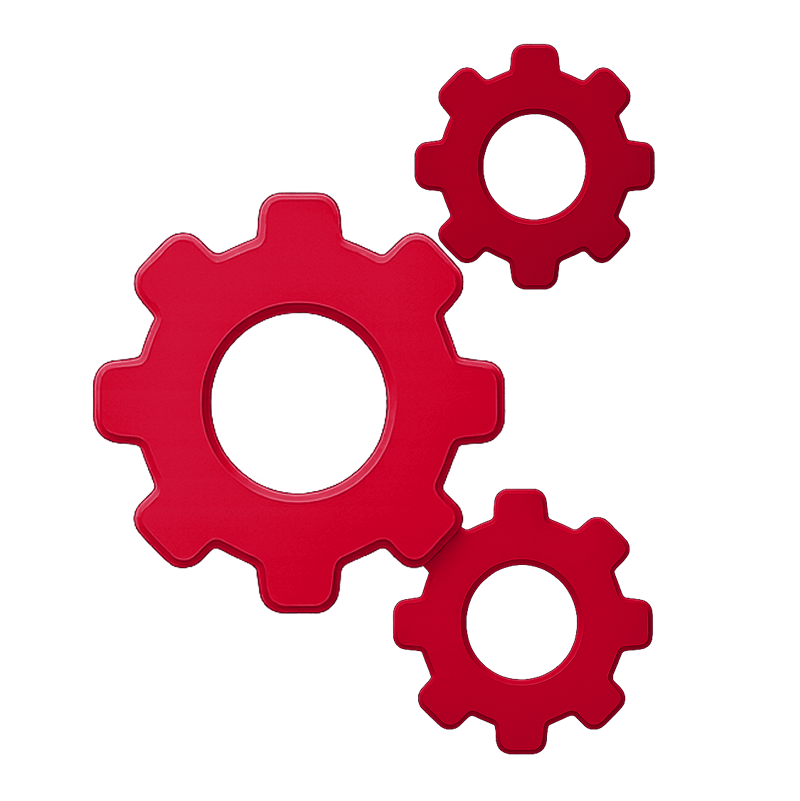 Drei rote Zahnräder auf transparentem Hintergrund