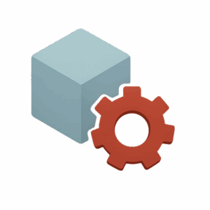 3D-Icon mit hellblauem Würfel und rotem Zahnrad