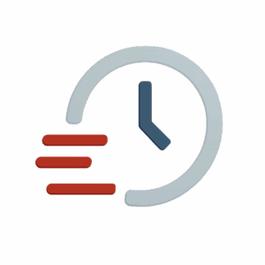 Icon mit stilisierter Uhr und roten Linien als Geschwindigkeitssymbol