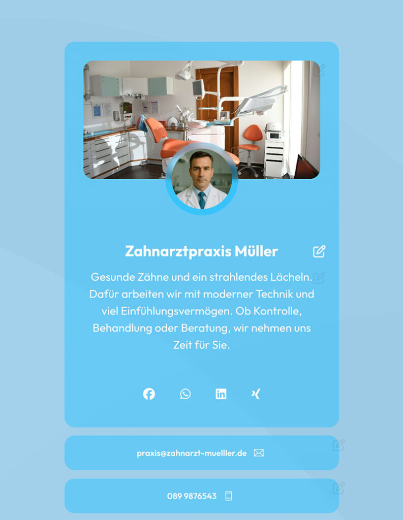 Demo-Webvisitenkarte einer Zahnarztpraxis mit Praxisfoto und Kontaktangaben